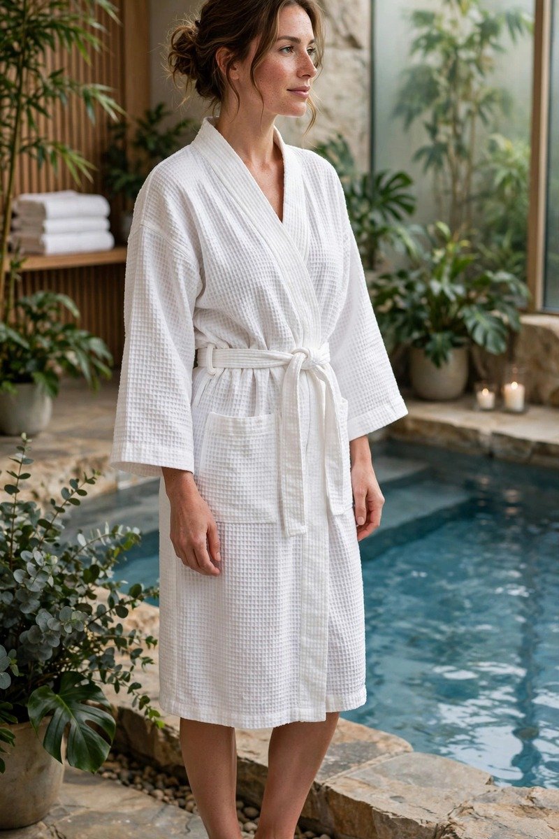 Woman in waffle robe and slippers at a spa