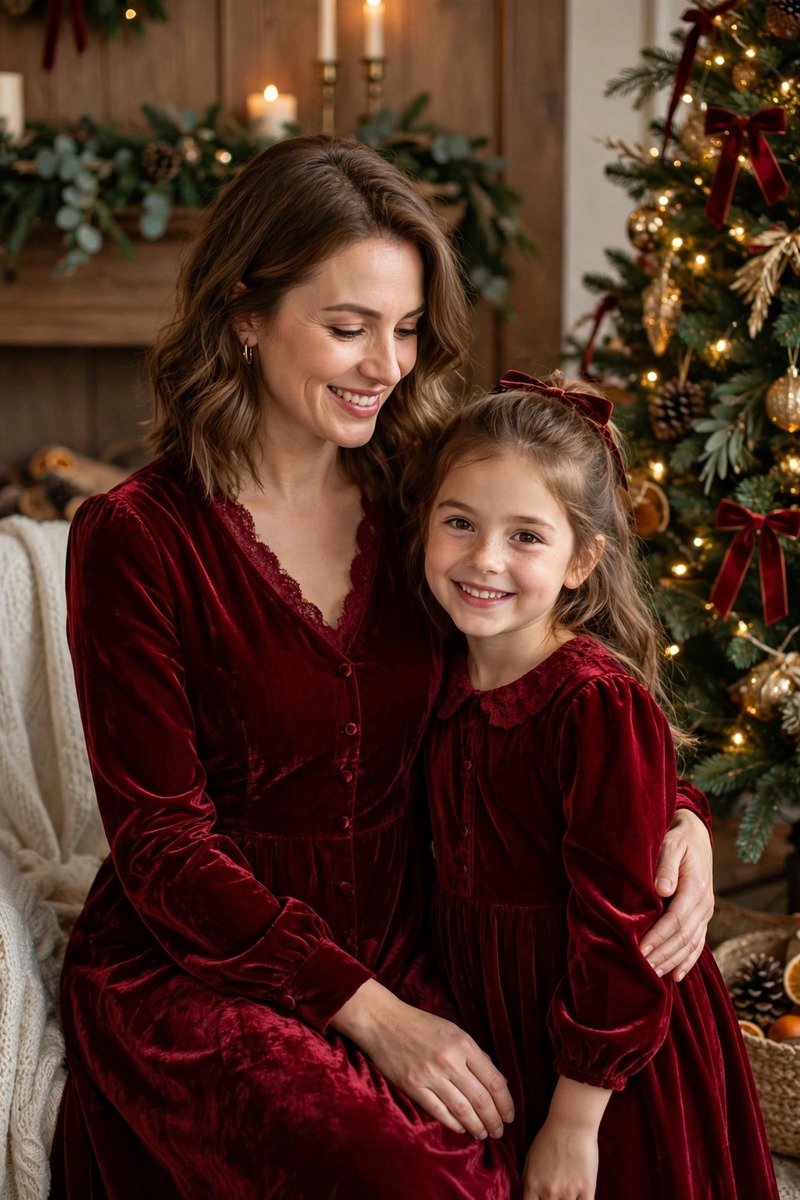 Mother and daughter in matching velvet dresses by a Christmas tree