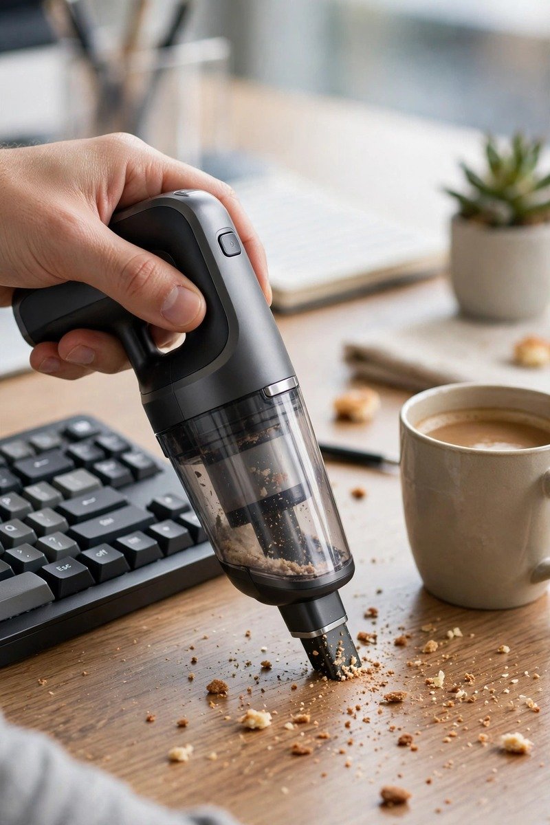 Mini desk vacuum cleaning crumbs on an office desk