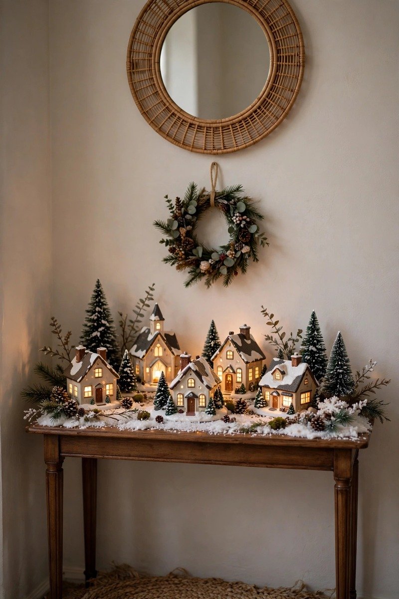 Miniature Christmas village on an entryway console table