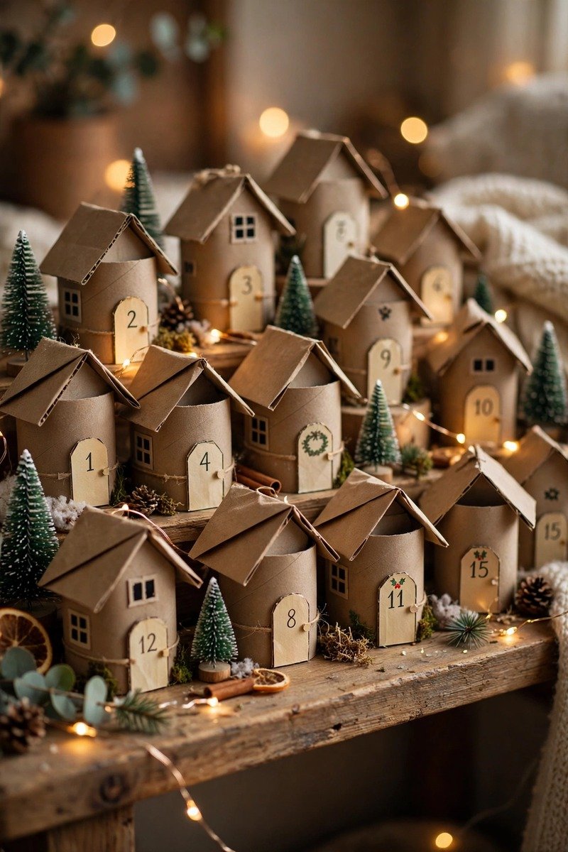 Advent calendar village made from toilet roll houses