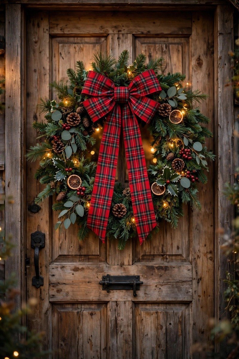 Farmhouse Christmas wreath with red plaid bow on a wooden front door