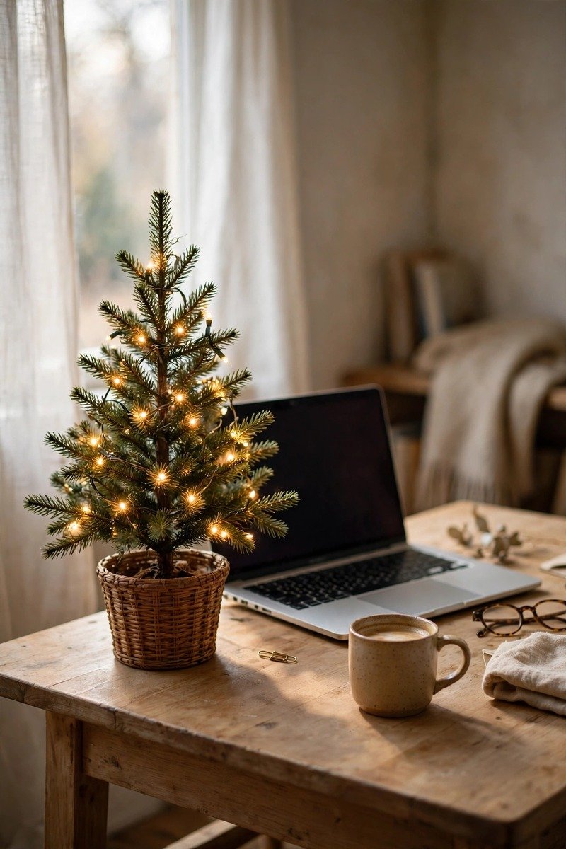 Small Christmas tree on a home office desk with fairy lights