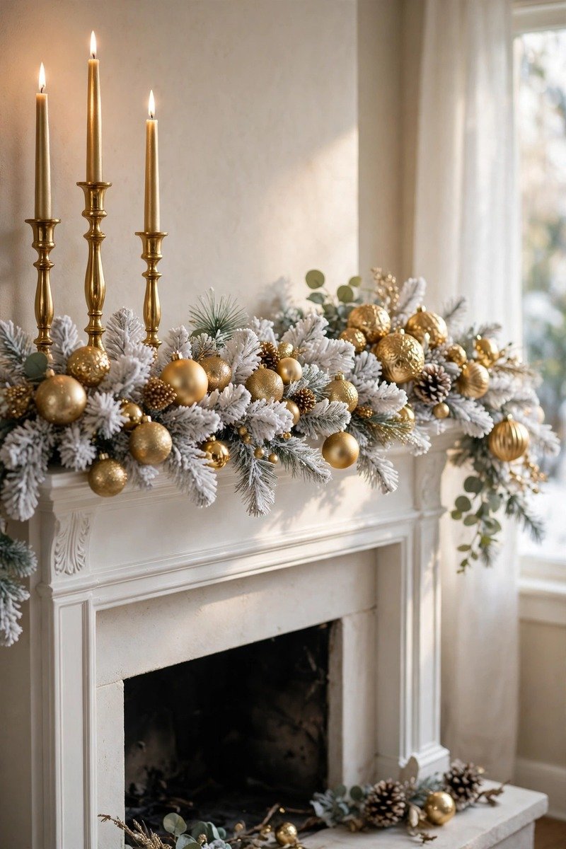 White and gold Christmas mantle with garland and gold candlesticks