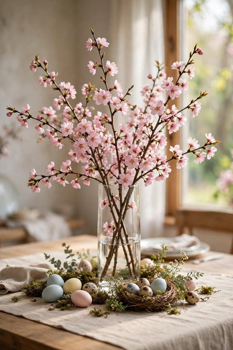 Cherry blossom branches in a tall vase centerpiece