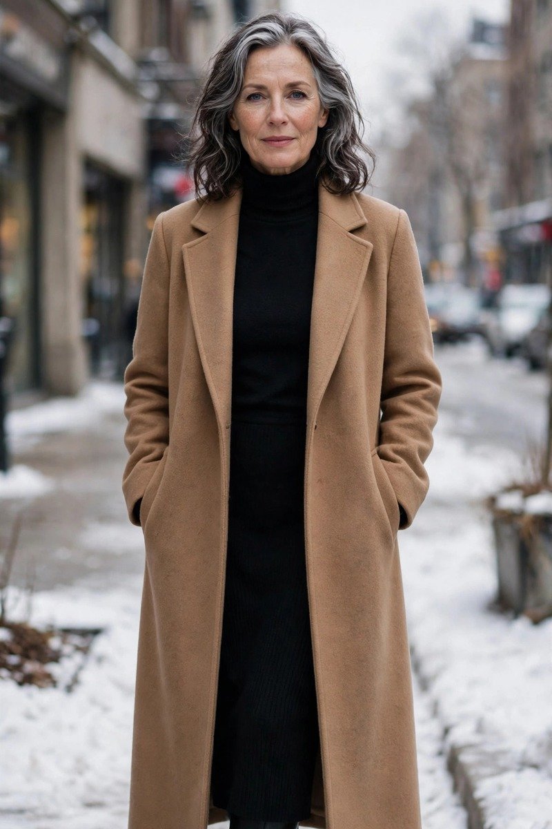 Woman over 50 in a camel coat over a turtleneck dress