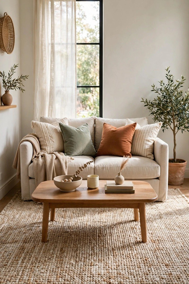 Small living room with a large rug under the seating area