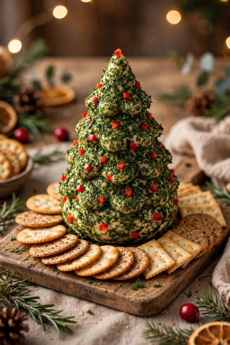 Cheese ball shaped like a christmas tree with herbs