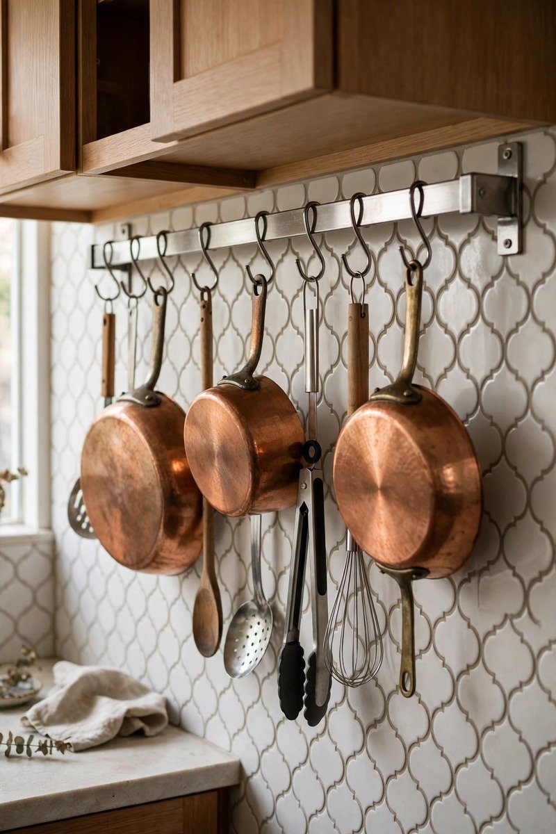 Wall rail with hanging pans in a small kitchen
