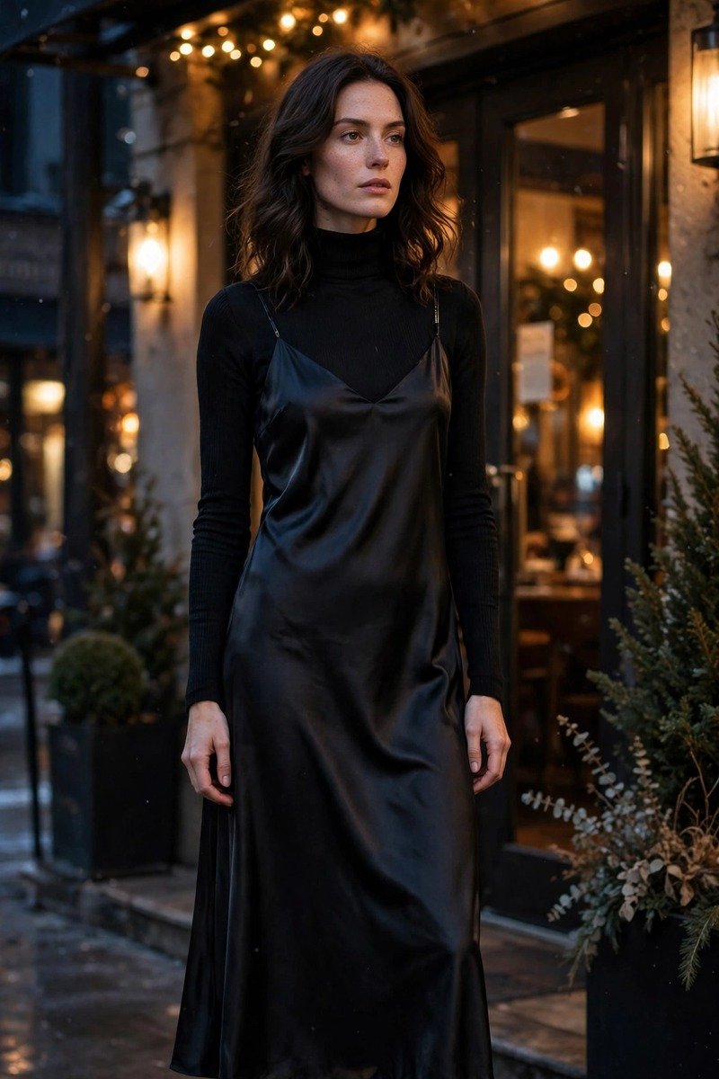 Satin slip dress layered with a turtleneck
