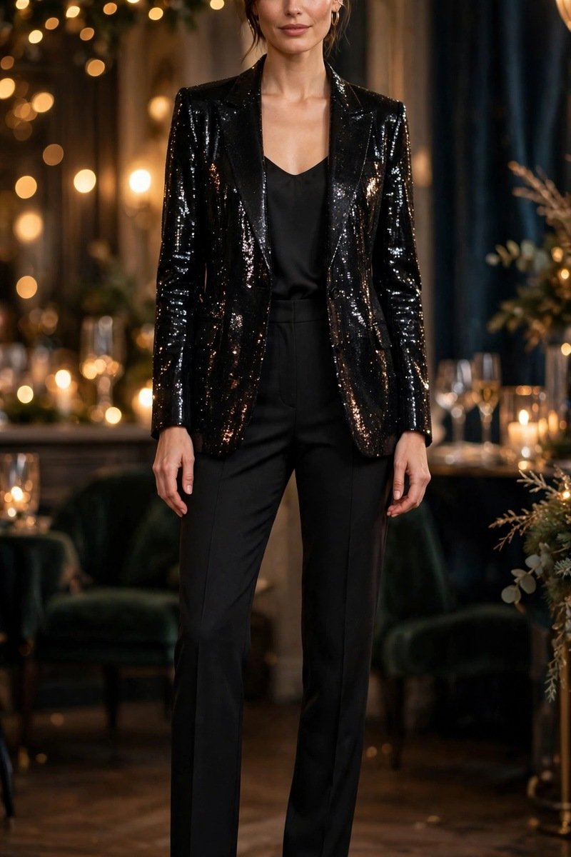 black sequin blazer with trousers New Year's Eve outfit