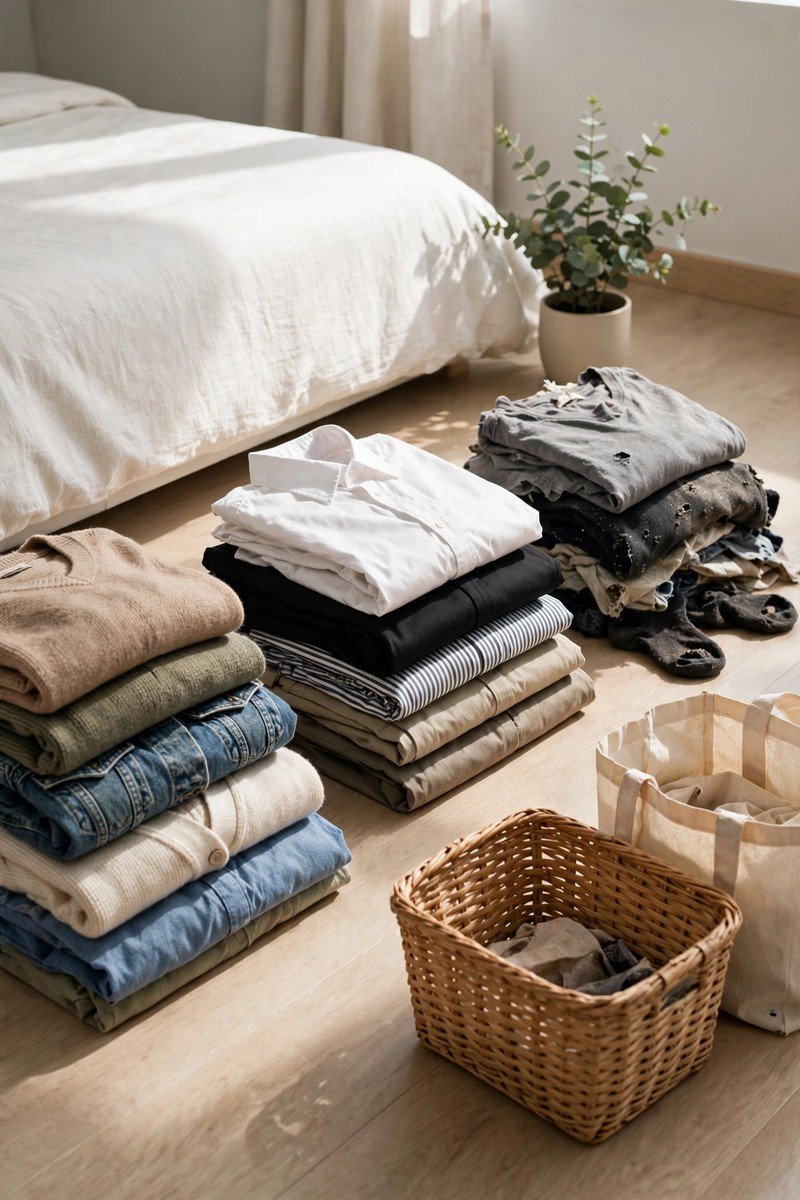 Minimalist wardrobe idea sorting piles