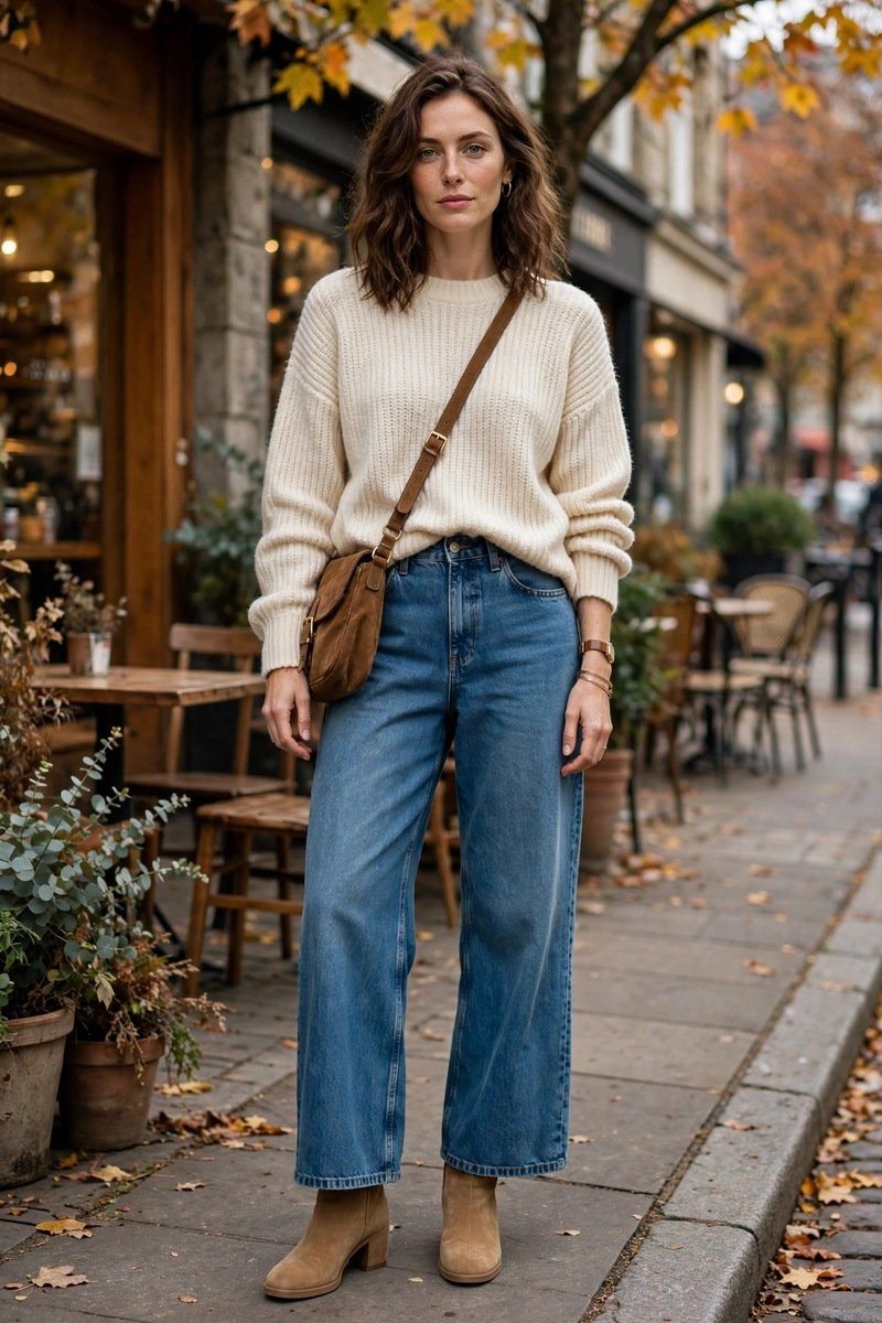 wide-leg jeans with brown suede ankle booties and a fitted turtleneck