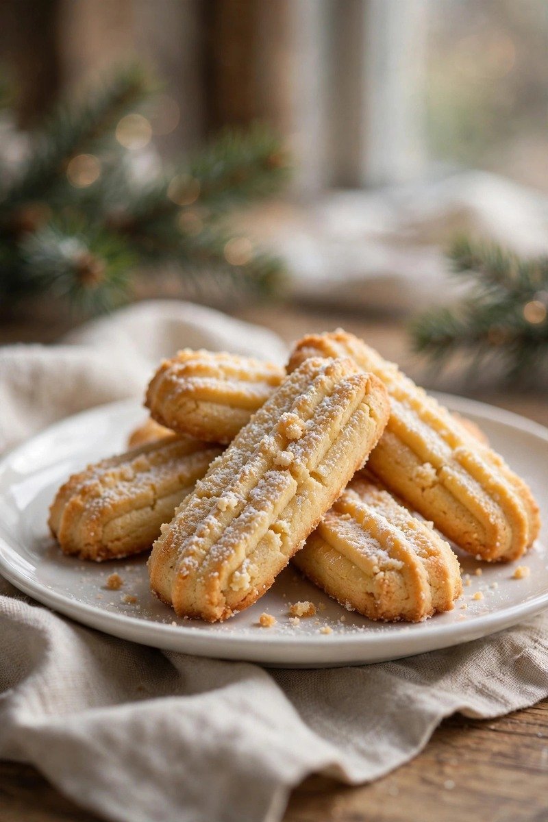 Golden buttery shortbread Christmas cookies dusted with sugar