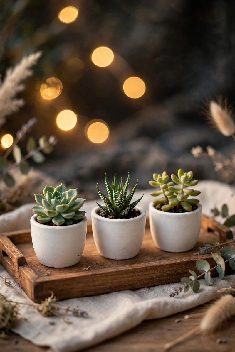 Trio of mini succulents in pots
