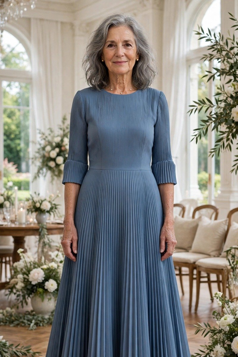 Pleated A line dress wedding guest outfit