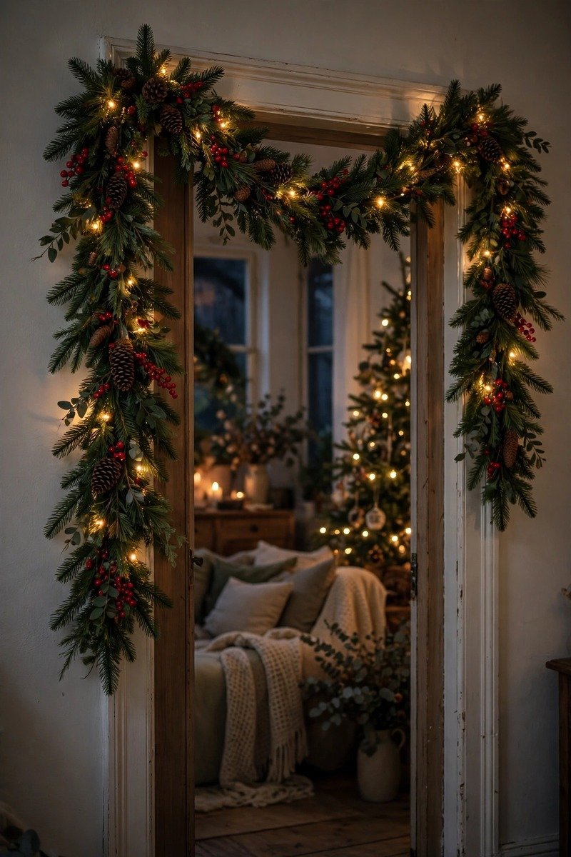 Christmas garland swagged over a doorway