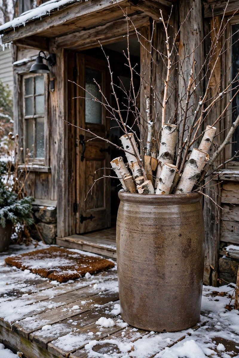 Birch logs and branches in a crock on a porch