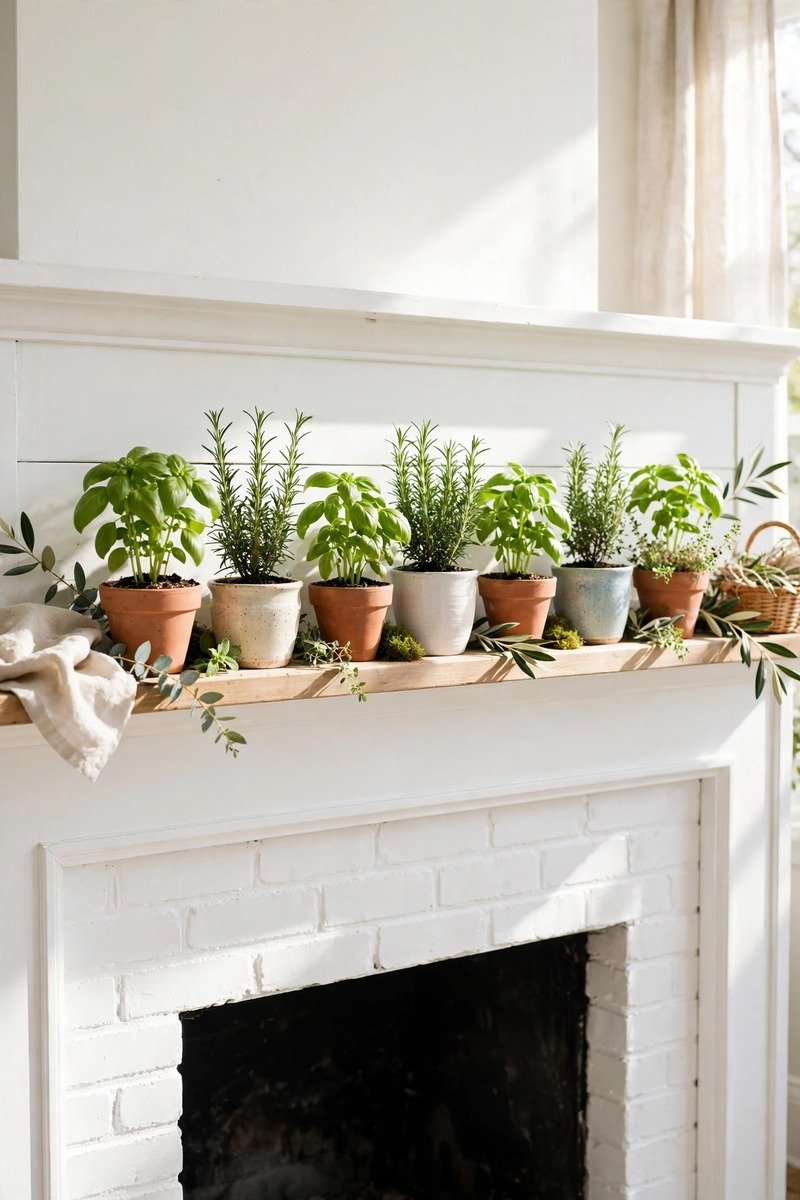 Potted herbs lined up on a mantel