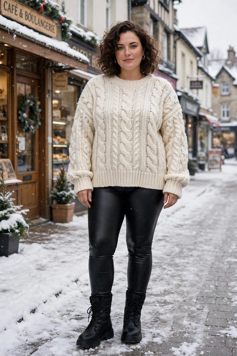 Chunky knit sweater with black faux leather leggings