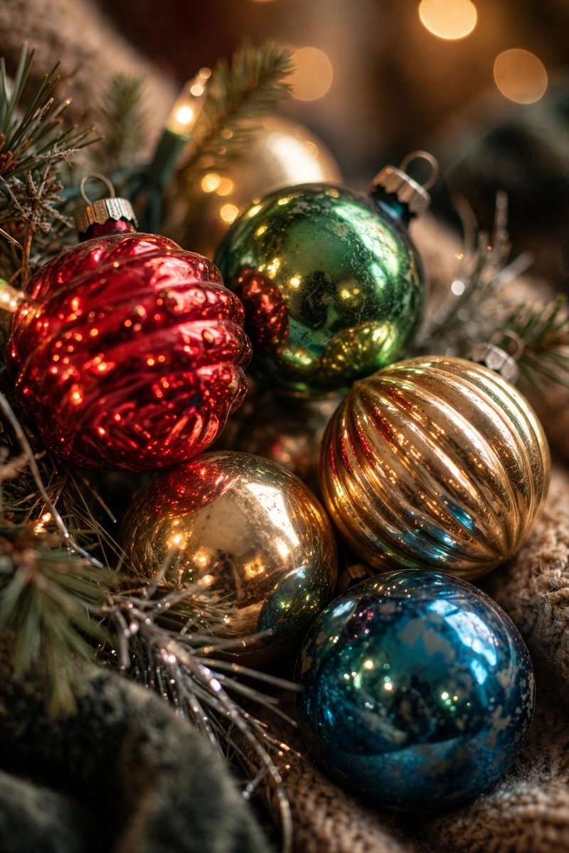 Colorful glass ball ornaments in red green gold blue
