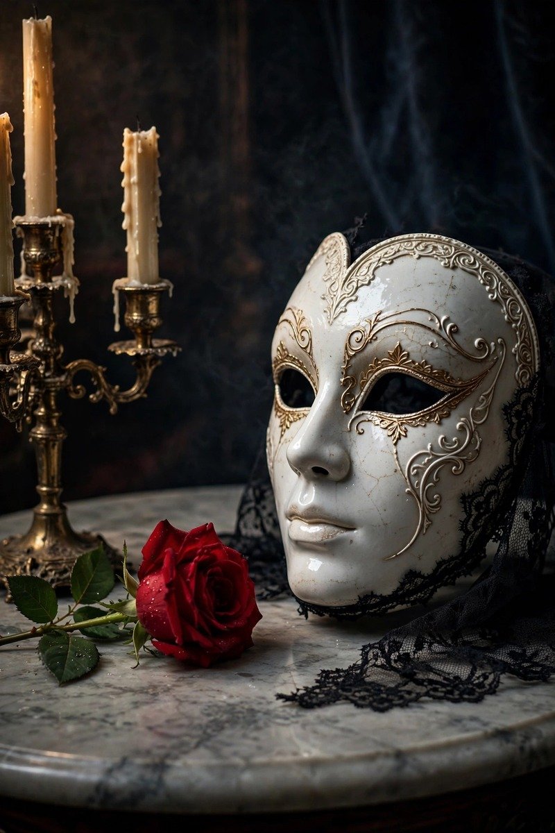 Venetian masquerade mask with tall black and gold feathers