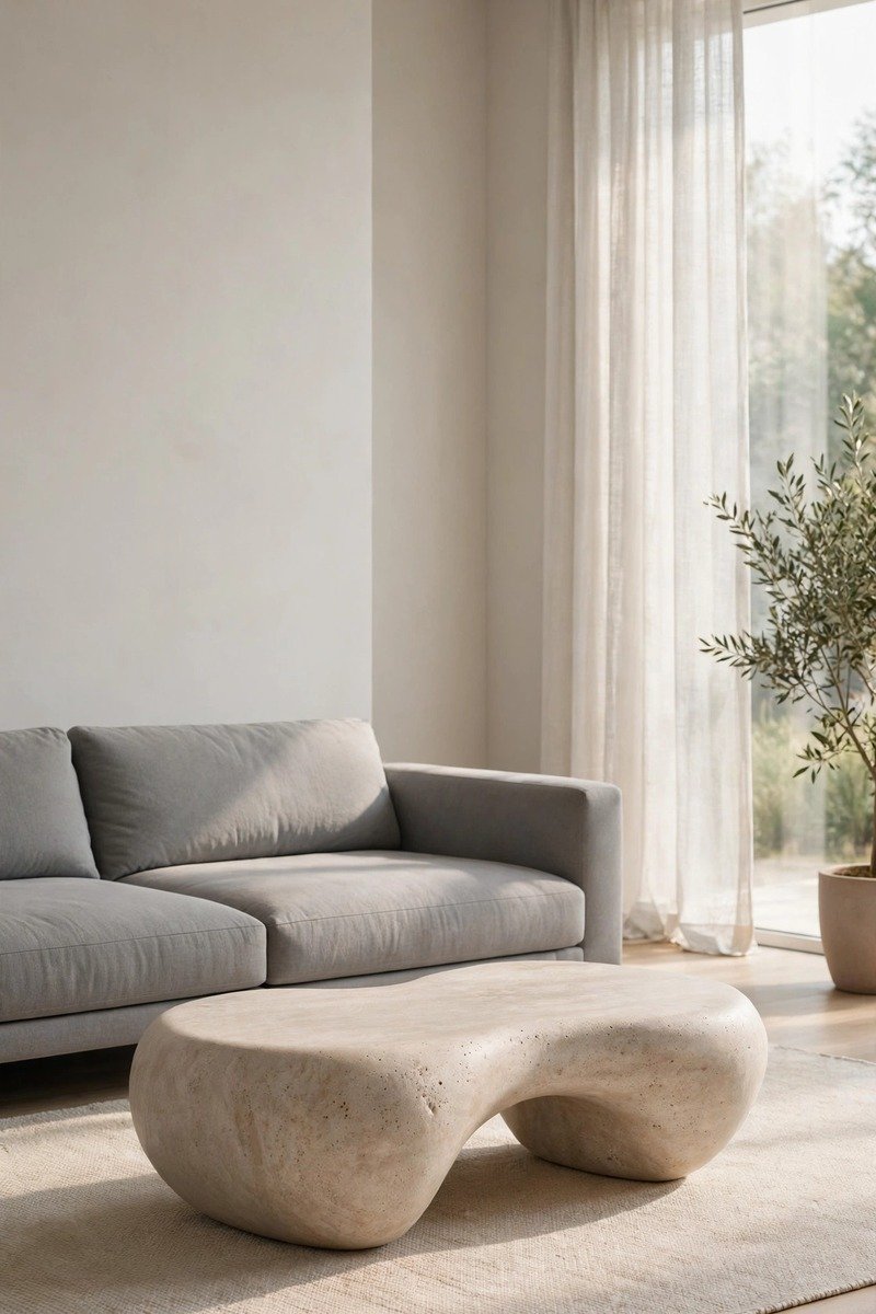 Modern minimalist living room with clean lines, low sofa, and open space