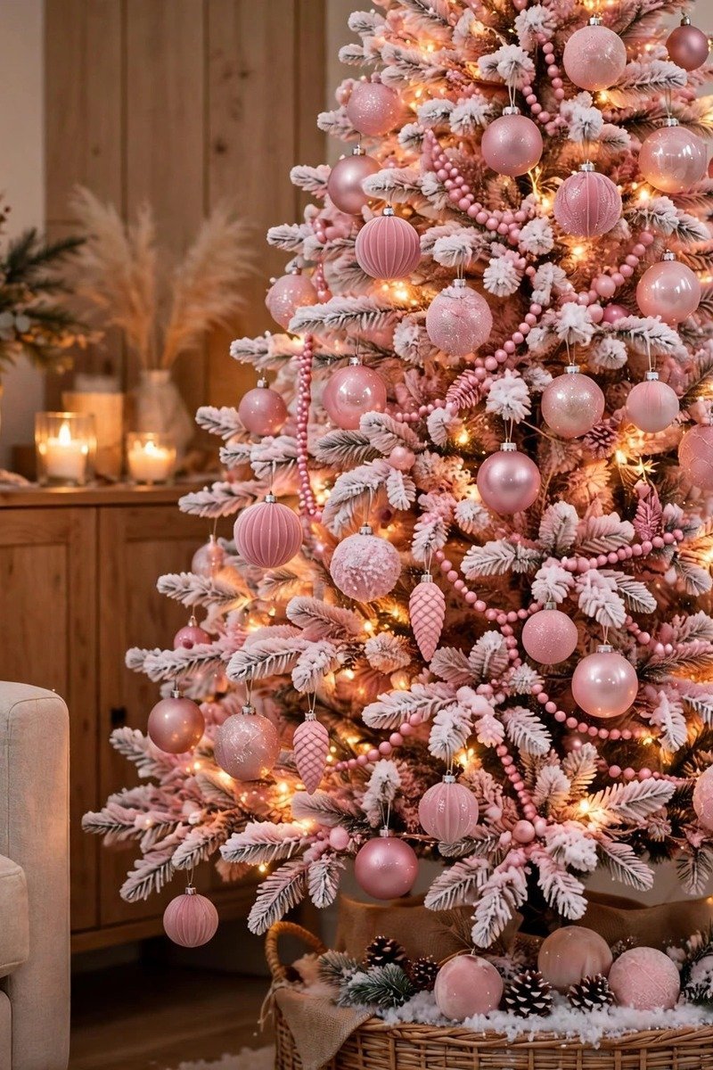 Pink flocked Christmas tree with snowy branches and pink ornaments