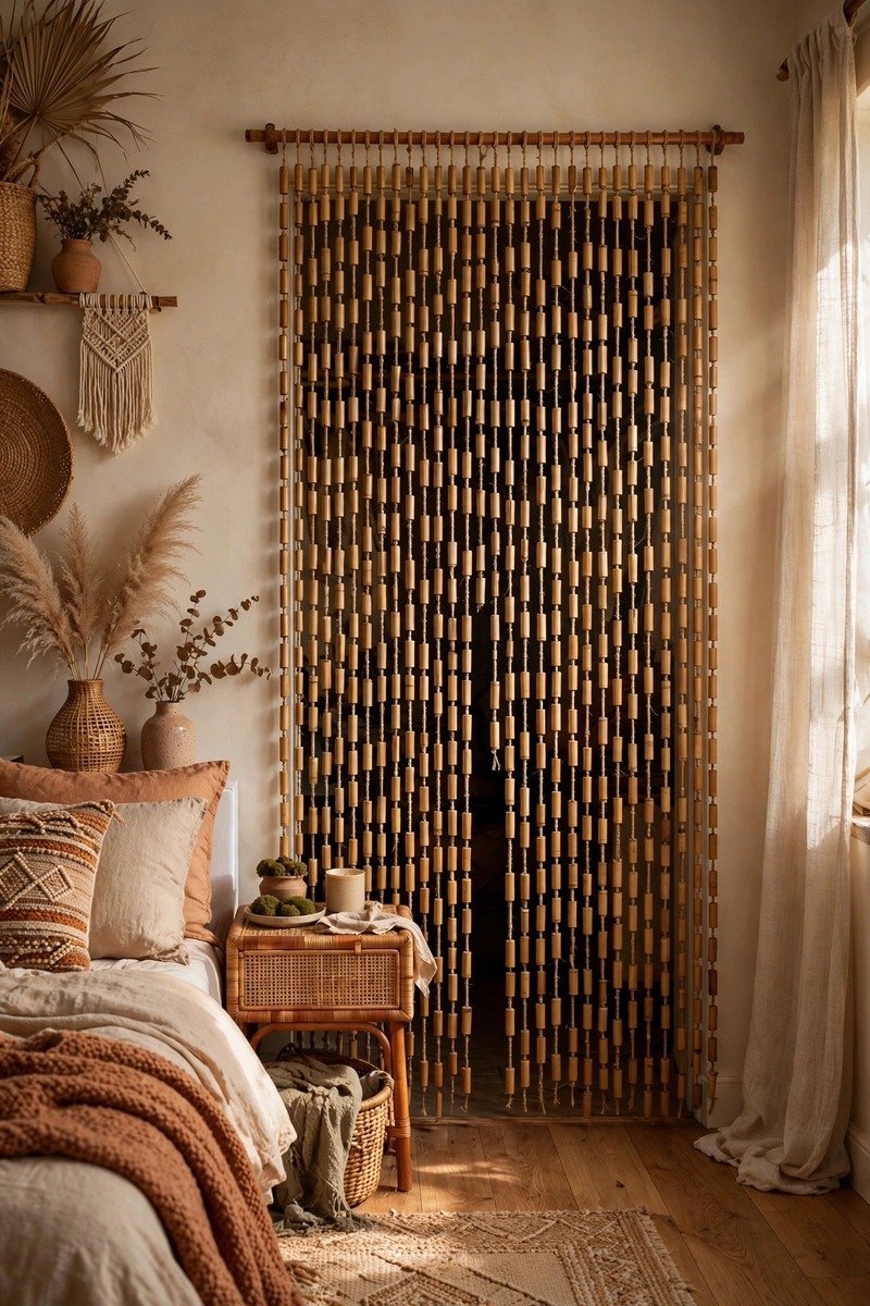 Bamboo beaded curtain covering a closet doorway in a bedroom