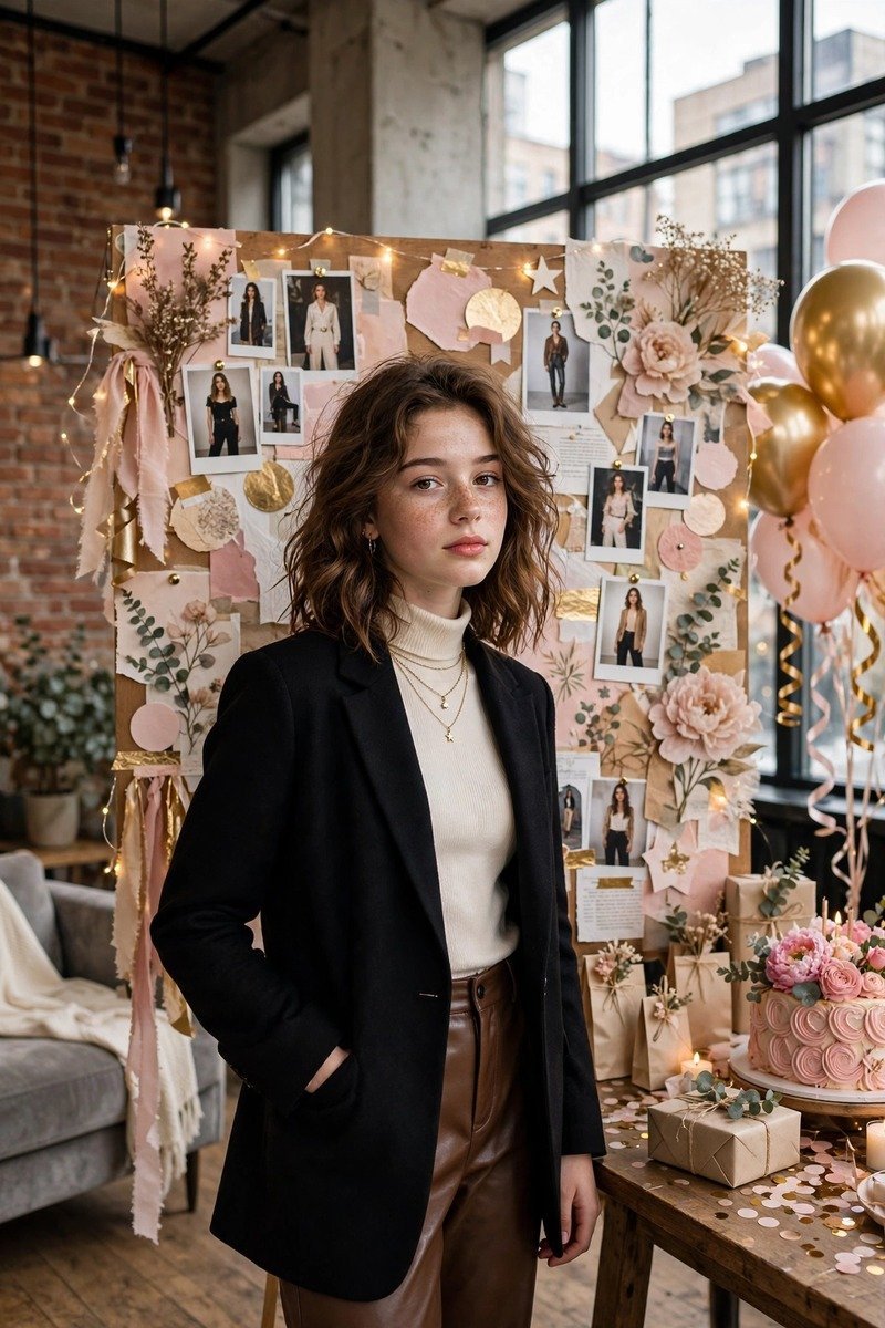 High-fashion editorial birthday magazine cover with stylish outfit and artistic pose