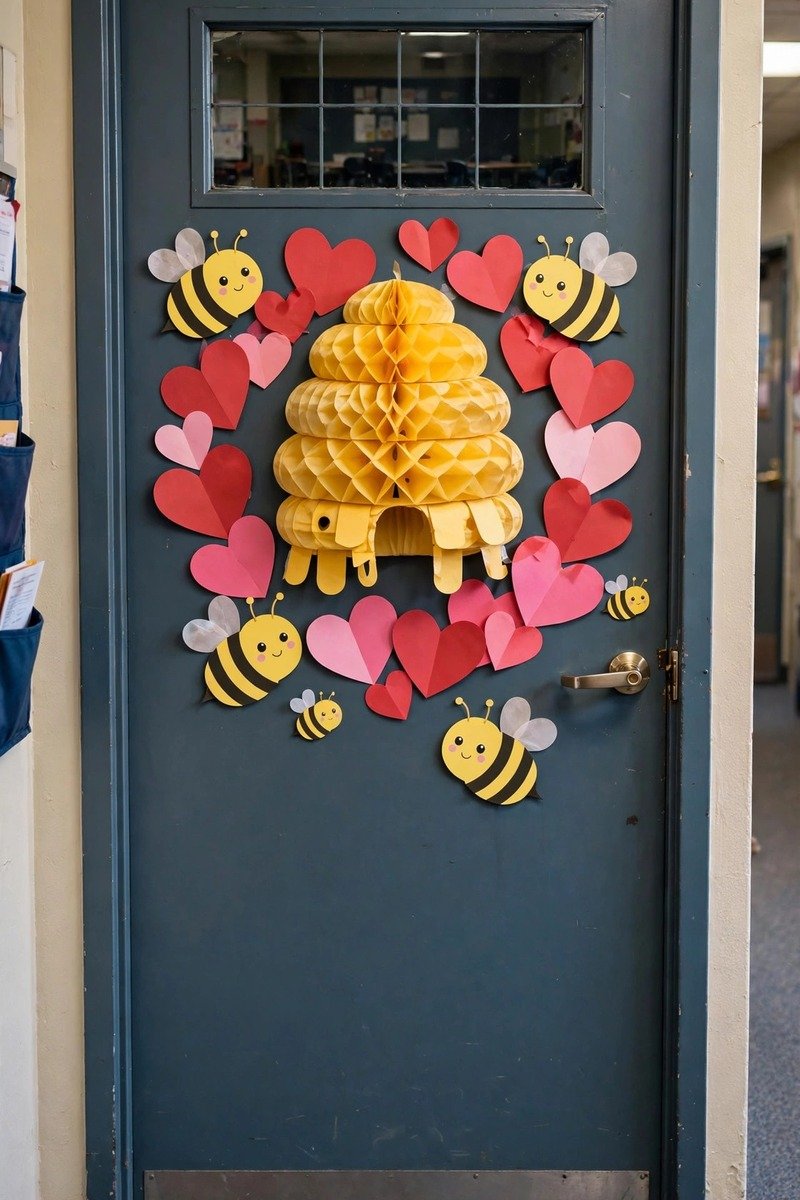 Classroom door with cute bees, hive, and heart decorations