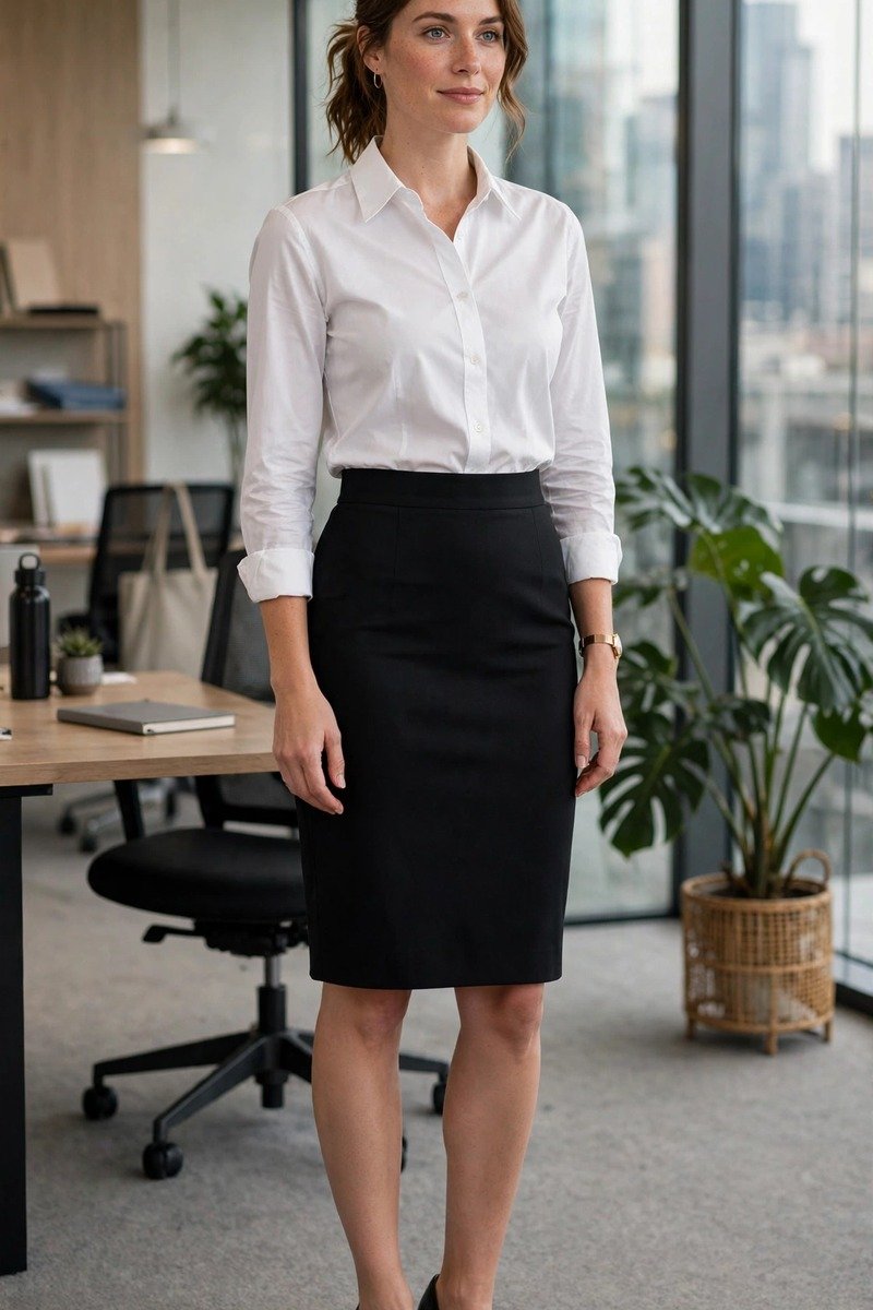 Woman in white button-down shirt and black pencil skirt