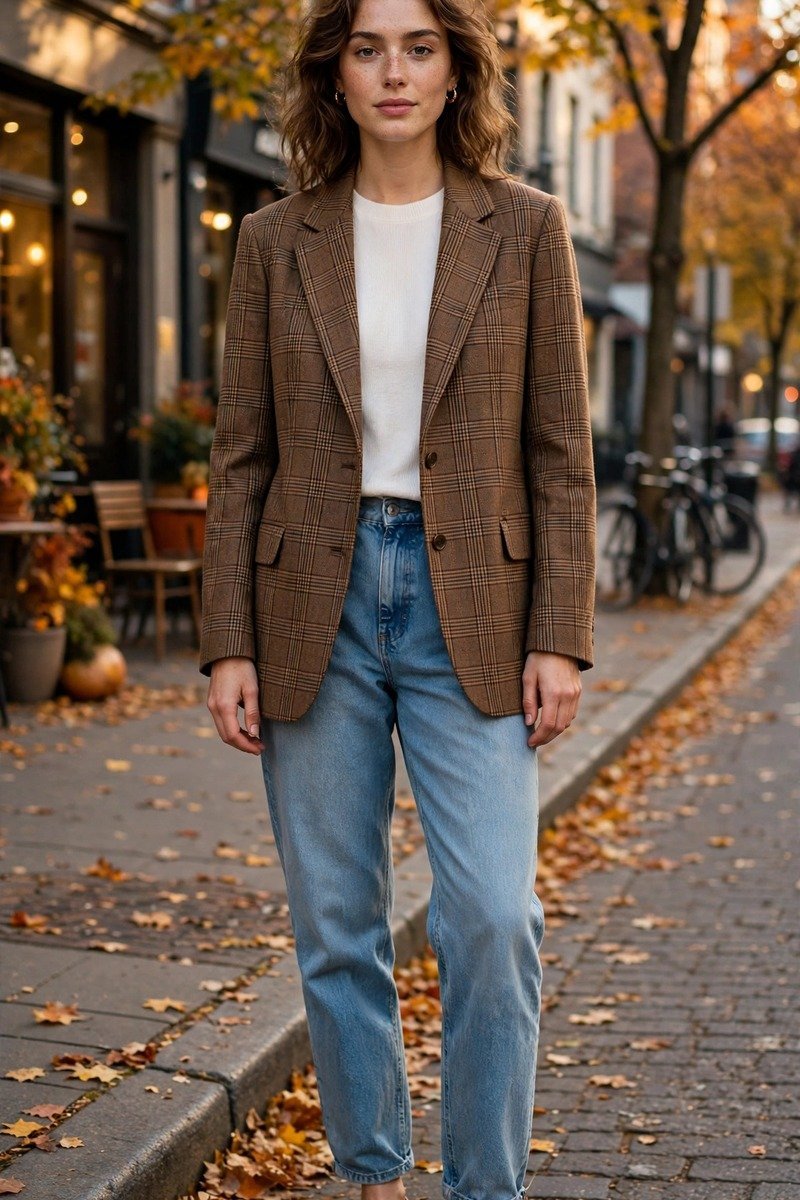 Brown plaid blazer with boyfriend jeans and tan loafers, autumn street style