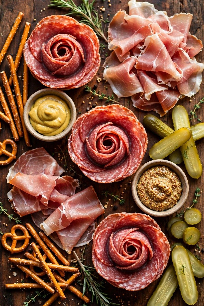 Meat lover's charcuterie board with salami rosettes
