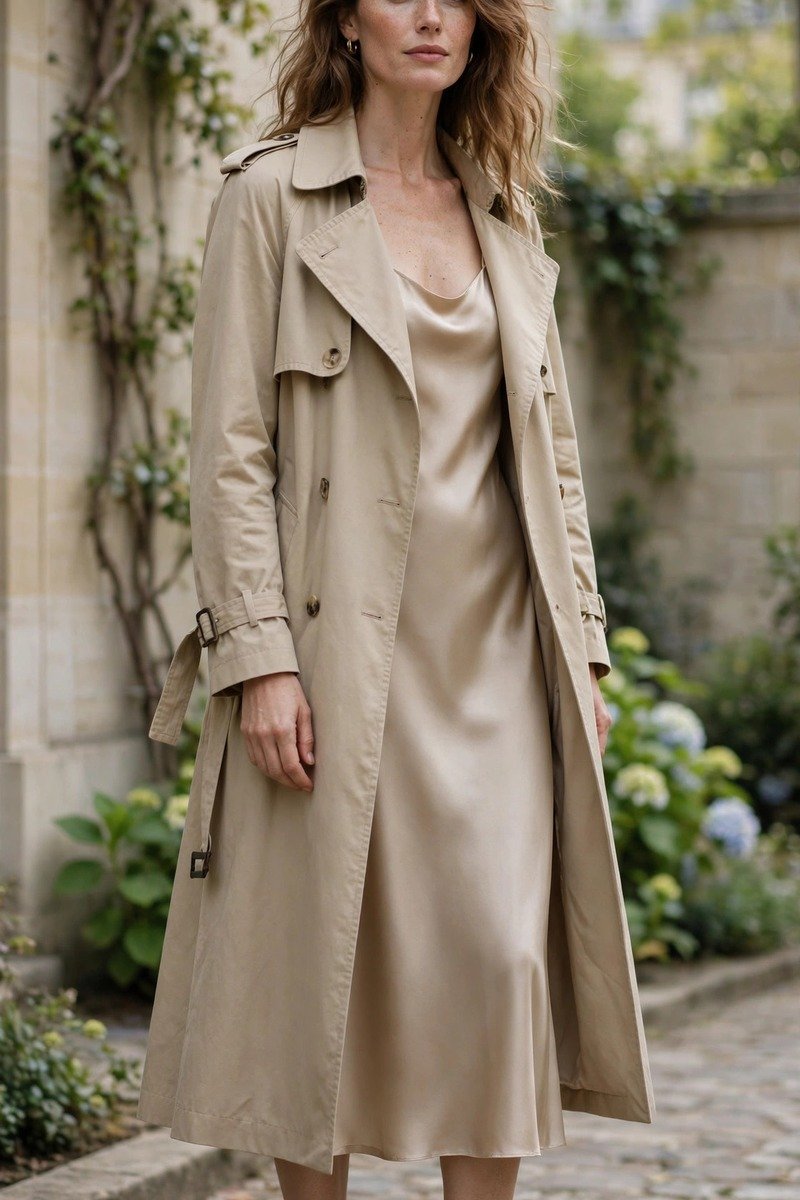 Woman in trench coat over slip dress