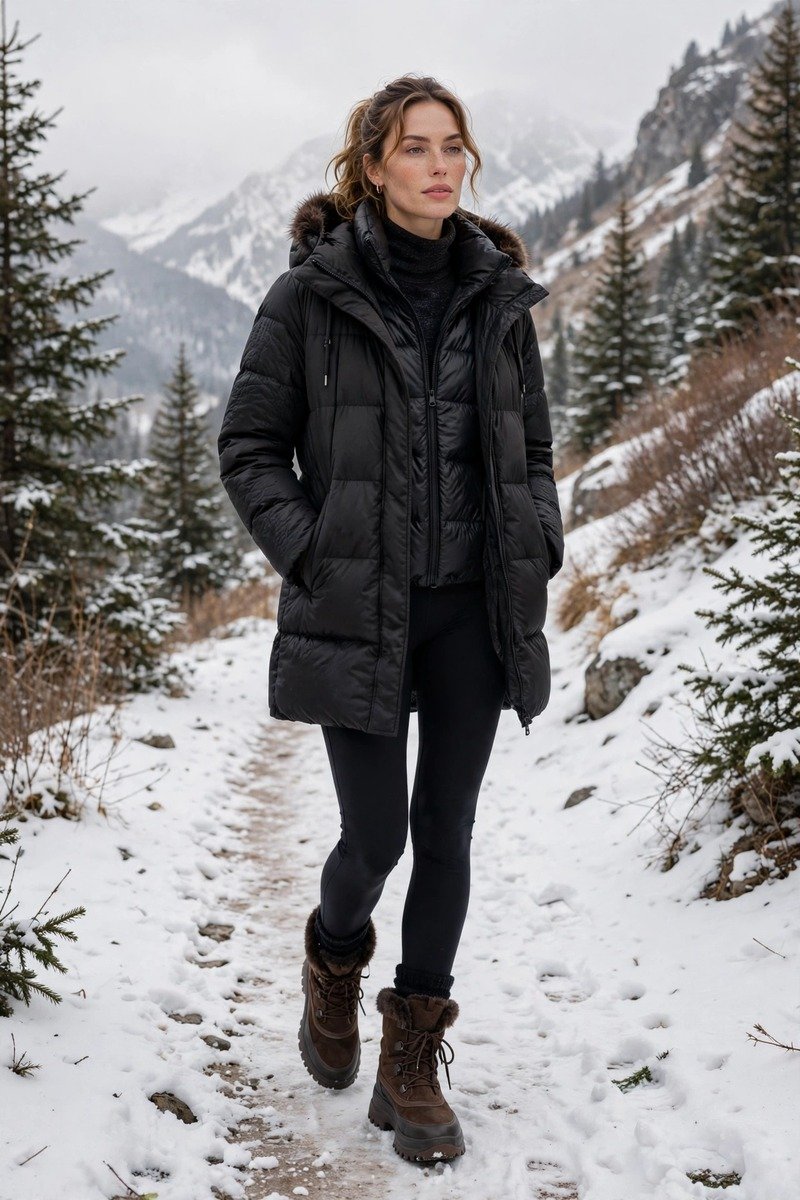 Woman in snow boots, puffer coat, and leggings