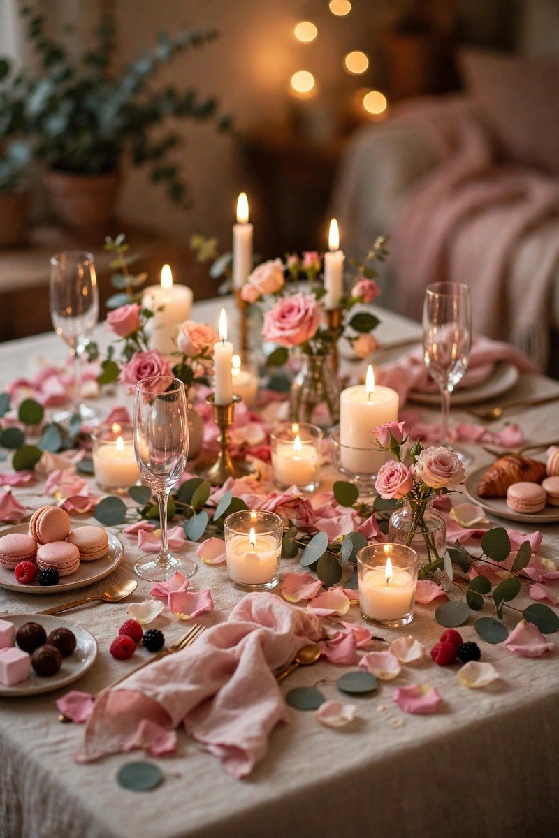 Candlelit Galentine's party table with rose petals