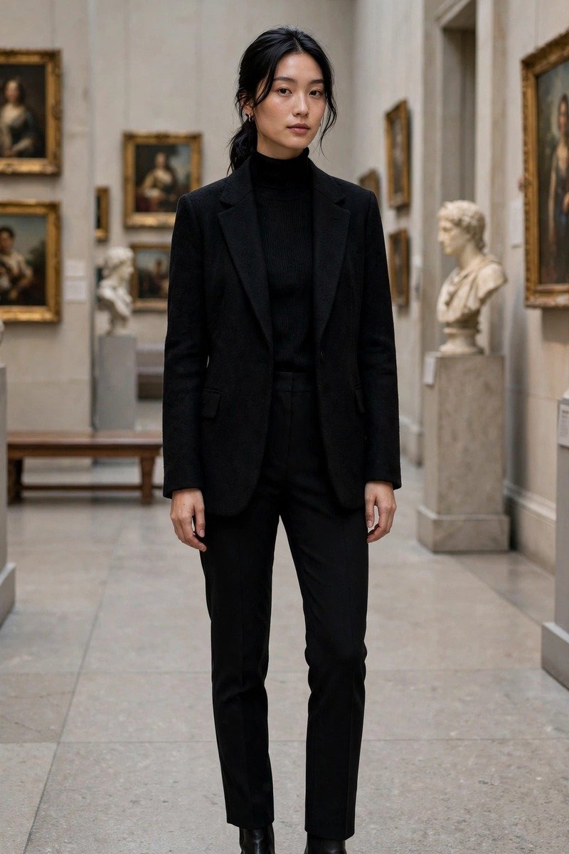 Woman in monochrome black outfit at an art museum