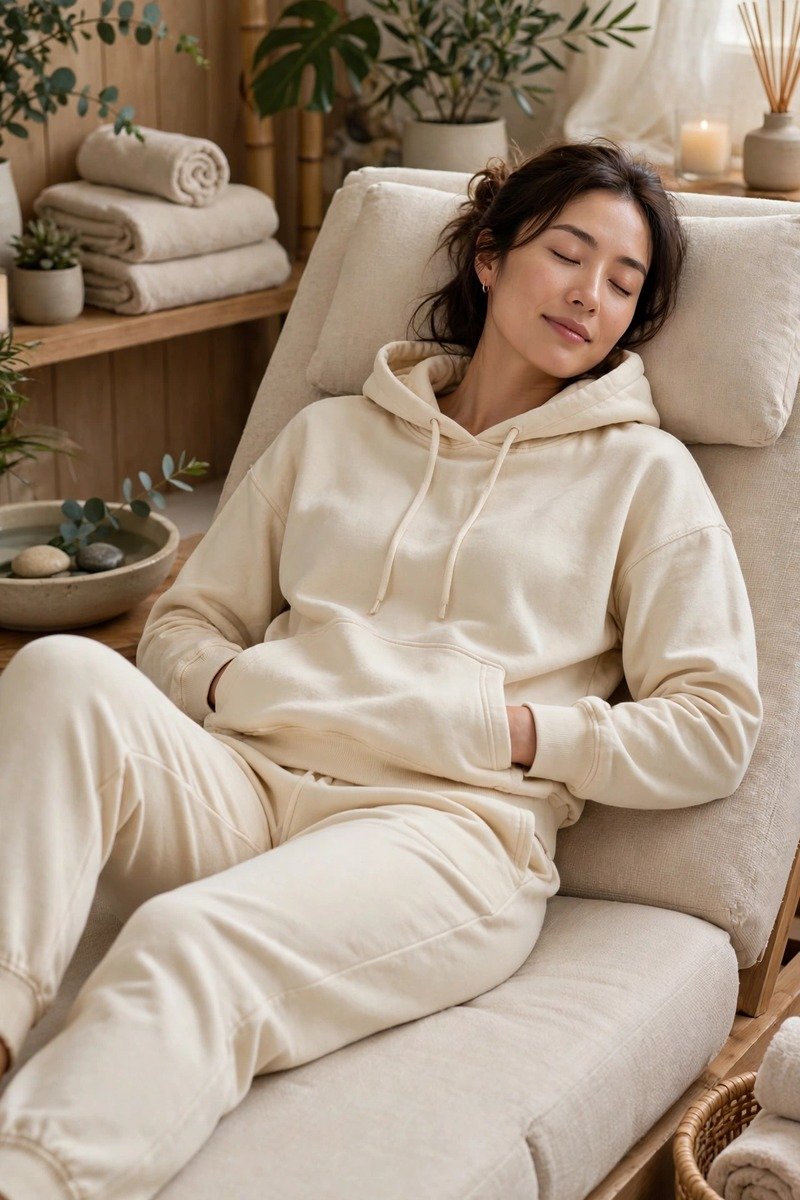 Woman in cream jogger set lounging at a spa