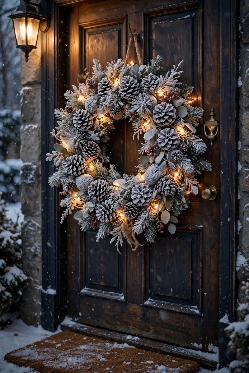 Frosted pinecone Christmas wreath dusted with artificial snow