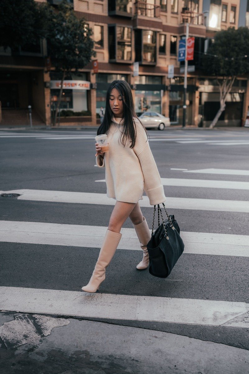 Sweater dress with knee high boots winter outfit