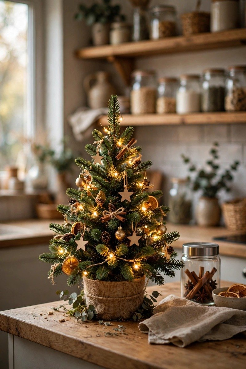 Mini Christmas tree on a kitchen counter with small ornaments