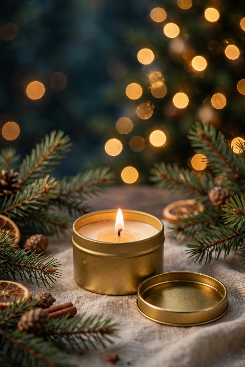 Small scented candle in a gold tin, Christmas background