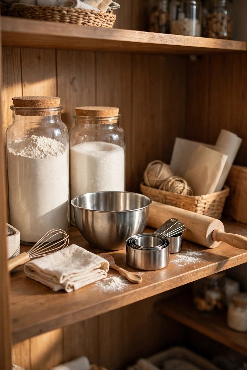 Pantry baking zone with flour sugar and mixing supplies