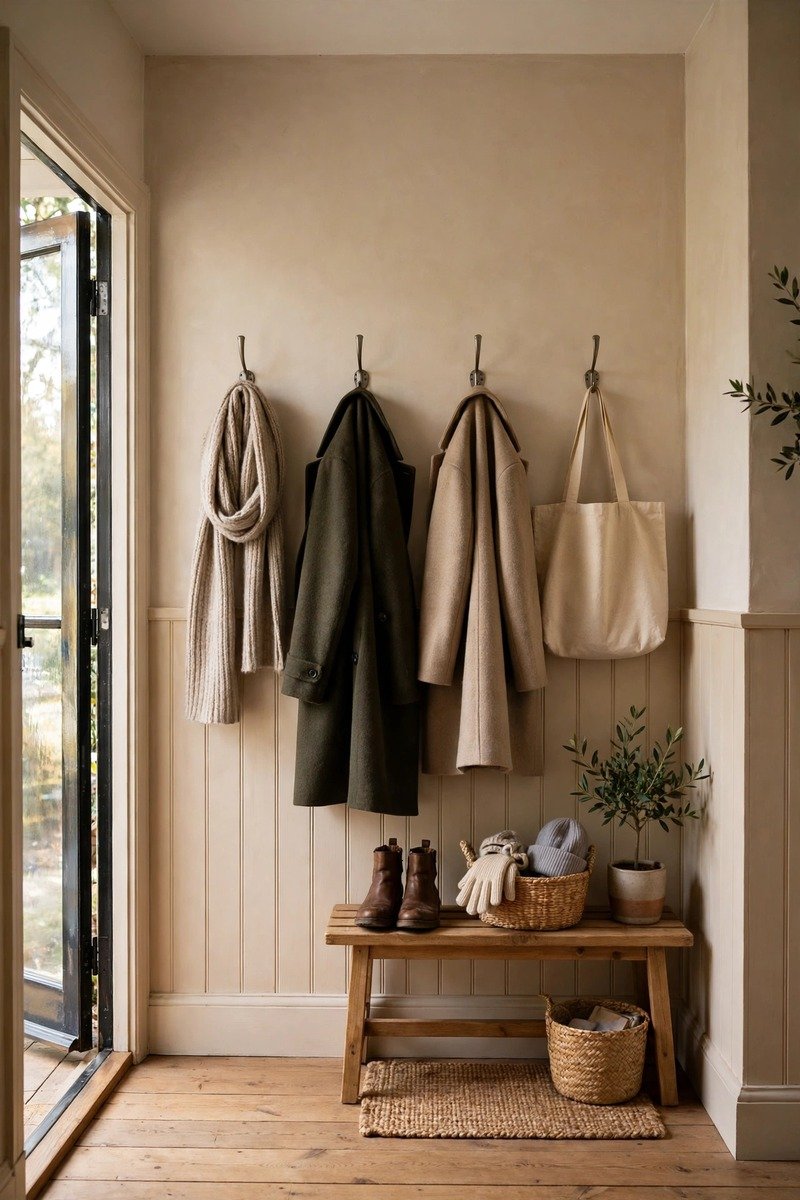 Wall hooks with coats and bags in an entryway