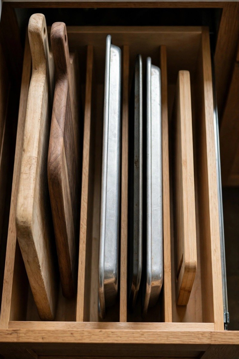 Baking trays stored upright in a kitchen drawer