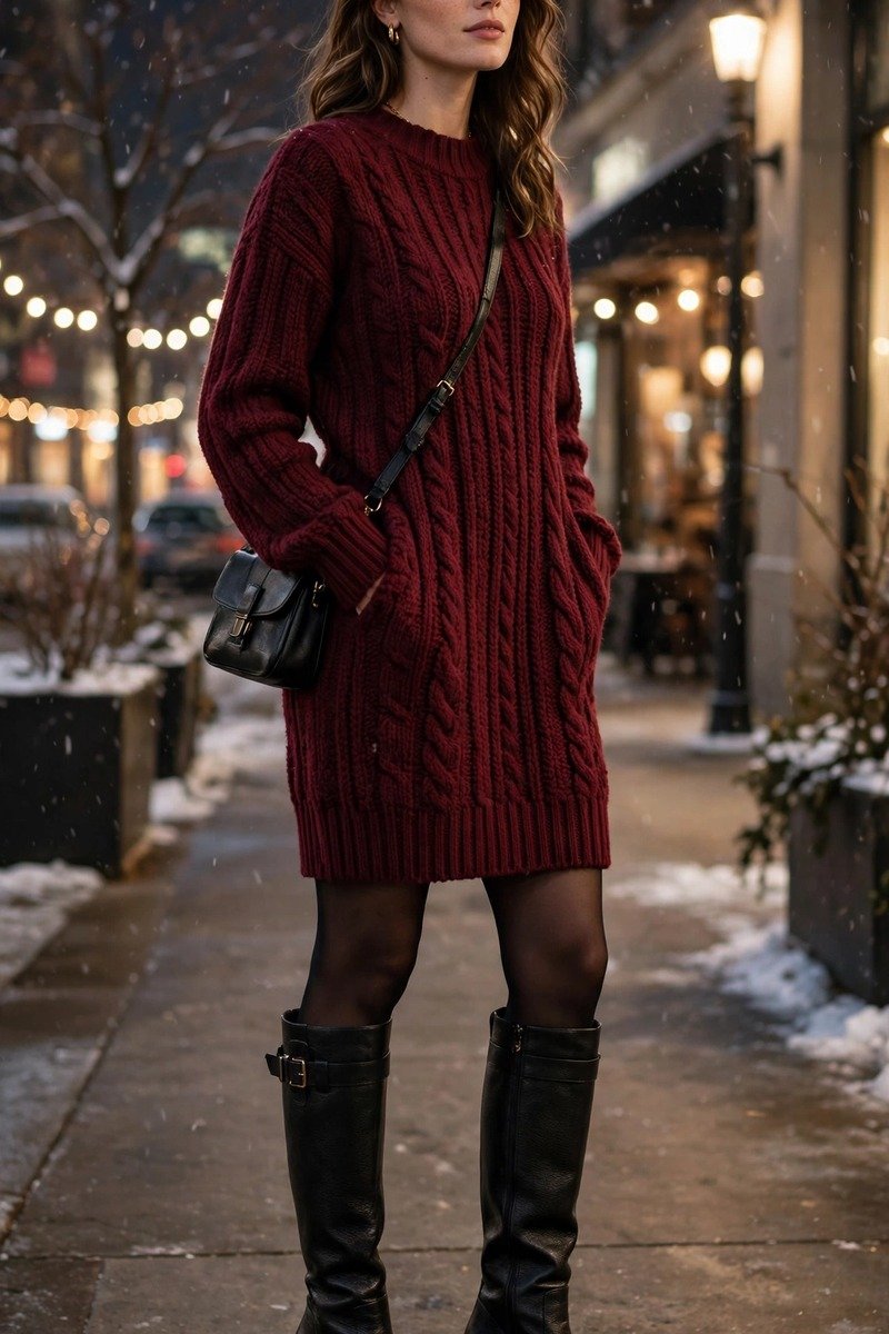 Woman in a sweater dress with statement boots