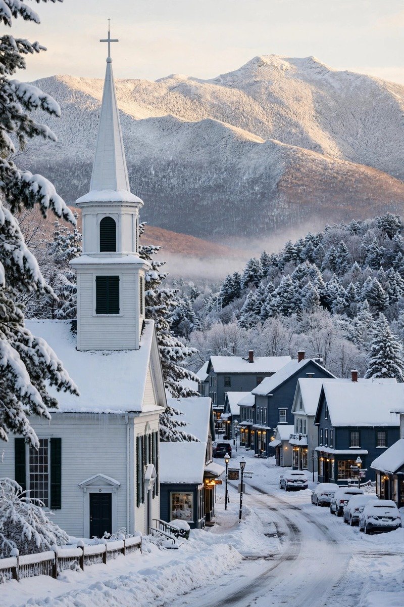 Stowe Vermont village in winter with church steeple
