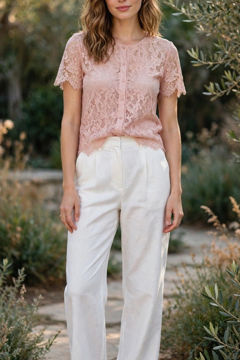 blush pink lace top outfit