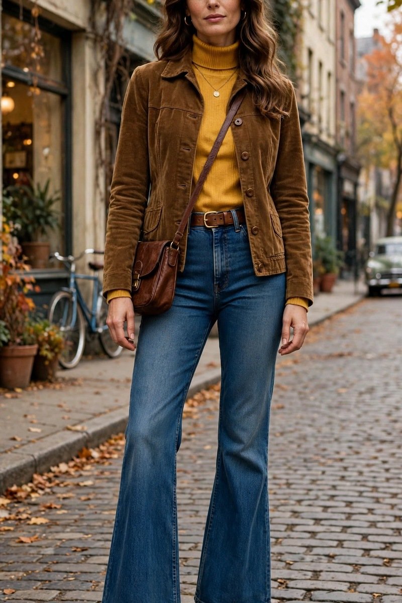 flare jeans with heeled brown suede booties for a retro suede boots outfit